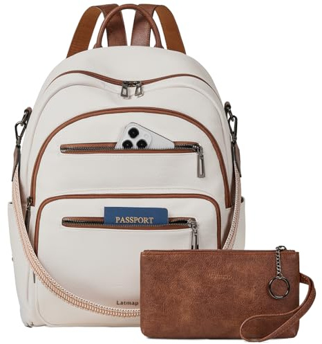 LATMAP 32L Vegan Leather backpack Women 14.5x8.5x16,Laptop Backpack for Women College Daypack Work Handbag Travel fits 14 Laptop Business,Beige