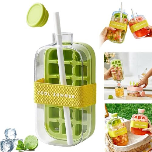 2 in 1 Ice Bottle Cup,Ice Cube Bottle with Straw, Ice Cube Cup,Portable Touch Free Ice Cube Trays, Press to Release Ice Tray for Home Ice Making, Outdoor Picnics, Office Use (Green-800ml)