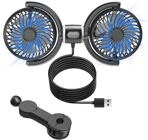 Car Fan Dual-Head, Auto Car Cooling Fan, Portable Vehicle Mounted USB Fans With 3 Speed 360° Rotating For Rear Seats, Trucks, Rvs And Campers, Low Noise, Black