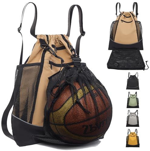AUNGKWANG Zaino Sportivo Sacca, Zaino Basket con Chiusura a Cordoncino e Tasca, Sacca Impermeabile per Calcio Basket Per Sport All'aria Aperta, Fitness, Escursionismo (Marrone)