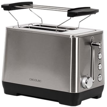 Cecotec Tostadora Big Toast Double 1000W, 2 Ranuras Cortas Extraanchas, Acero Inoxidable, 4 Funciones preconfiguradas, 6 Niveles de Potencia, Varillas Superiores, Bandeja Recogemigas