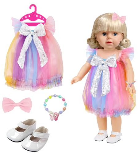 Xerteam Regenbogen Puppenkleider, Puppenkleidung 43cm 36cm 38cm, Puppenkleid Tüll und Paillettenschleife, Lederschuhe, Armbänder, Haarnadeln, Kleiderbügel, Süße Puppenkleidung für Mädchengeburtstag