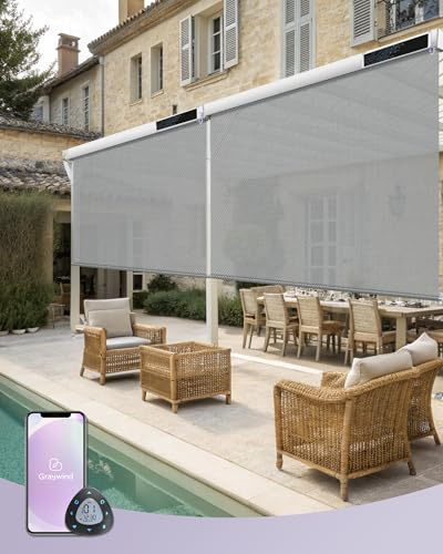 Graywind Elektrische Außenrollo Senkrechtmarkise, Wasserdicht UV-Schutz Smart Sonnenschutzrollo, Solarbetrieben Balkonrollo mit Fernbedienung Kompatibel Alexa Google (140 * 240cm, 3% Fresh Grey)