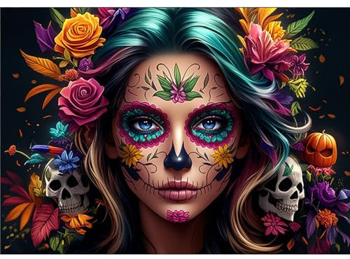 NEWENMO 5D Schöne Frau Halloween Diamond Painting Full Drill,Rosen und Skelett Diamant Painting Bilder,DIY Halloween Diamant Malerei Erwachsene Set,Diamond-Painting Kit für Heimdekoration 30x40cm