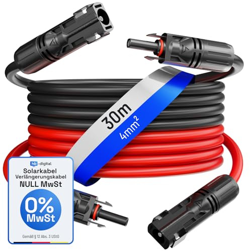 HB-DIGITAL 30m Solarkabel 4mm² Verlängerungskabel – inkl. 0% MwSt. gem. § 12 Abs. 3 UStG – Kabelpaar PV Kabel mit 1500V Solarstecker UV-beständig für Photovoltaik Anlage IP68 - Rot & Schwarz