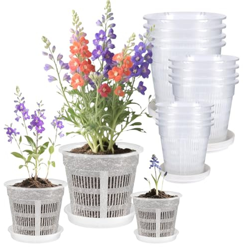 Hanlintk 12-Stück-Transparente Orchideentopf-Set – Kunststoff-Pflanzentöpfe mit Abflusslöchern & Auffangschale | 11/14/16cm Indoor-Orchideentöpfe für Umtopfen, Wurzelwachstum & Kräuteranbau