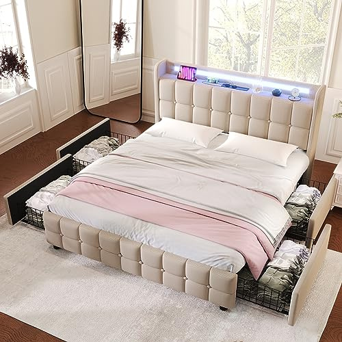 HESHU Polsterbett 180x200 cm, Stauraumbett mit 4 Schubladen, Doppelbett mit LED, Kopfteil mit USB Ladefunktion, Bettgestell mit Lattenrost, Jugendbett Erwachsenenbett, Beige, ohne Matratze