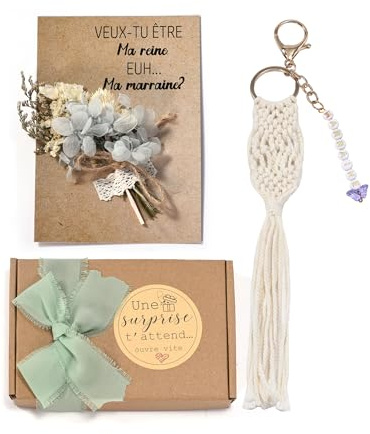 Cadeau Marraine Demande – Porte-Clés + Carte avec Fleurs Séchées – Veux-tu être ma Marraine ? Idée Cadeau Originale pour Baptême, Annonce Grossesse, Communion, Anniversaire, Noël (marraine)