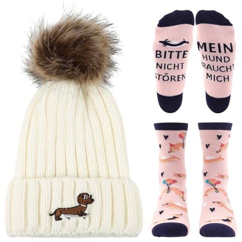 Tantanbear Dackel Geschenke, Dackel Deko Set mit Dackel Socken Strickmützen, Lustige Mützen und Dachshund Socken Geschenk für Hundebesitzer Frauen