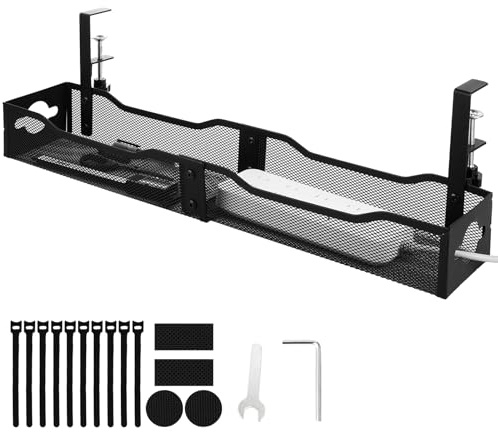 AKOLAFE Under Desk Cable Management Box No Drill 25Inch Large Capacity Cable Tidy Tray Black Wire Management with Accessories, Cable Holder Desk Cord Wire Organiser for Home Office Desks