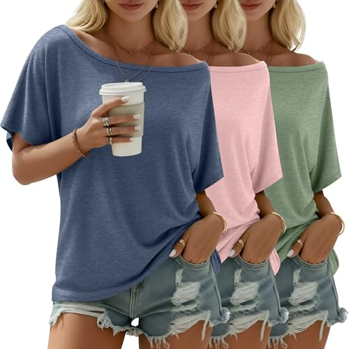 Riyiper - Confezione da 3 Magliette da Donna con Spalle Scoperte, Top Ampi e fluidi a Maniche Corte, t-Shirt Casual estive | Top da donna a maniche corte con vestibilità larga, maglietta estiva casual di base, tunica per allenamento atletico