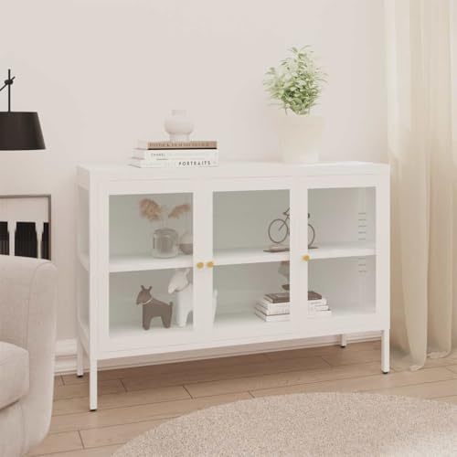 HFXHIJXQ Sideboard Weiß 105x35x70 cm aus Stahl und Glas Modernes Highboard mit verstellbarem Regal und Wandbefestigung für Wohnzimmer Flur Küche