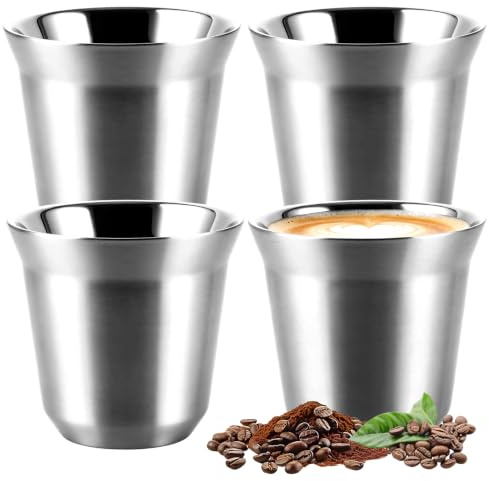 AKOLAFE 4 Stück Edelstahl Espressobecher 80ml, Doppelwandige Kleine Tassen aus 304 Edelstahl, Mokkatasse Silber für Espresso, Kaffee, Tee, Camping und Küche