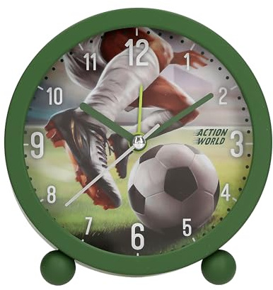 Depesche 13929 Action World Wecker Dunkelgrün für Kinder | Fußball-Motiv, Lautlose Uhr, Licht-Funktion