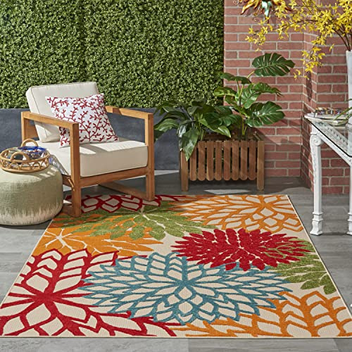 Nourison Home Aloha Indoor/Outdoor Green 5'3 x 7'5 Area Rug, Tropical, Botanical, Easy Clean, Non Shedding, Bed Room, Living Room, Dining Room, Deck, Backyard, Patio (5x7)