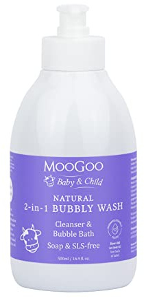 MooGoo 2-in-1 Bubbly Wash - Natural Baby Cleanser & Bubble Bath, Gentle Body Wash & Shampoo – Fragrance-Free, SLS-Free, Dermatologically Tested – 500 ml