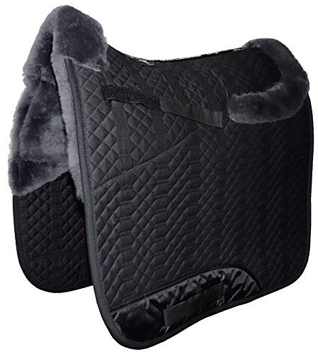 Engel Reitsport | SCHABRA4-D-SCH-ANT | Schabracke | Lammfell im Sattelbereich - Half Lined | Steppstoff | Fellkranz vorne & hinten | Dressur | Stoff schwarz Fell anthrazit