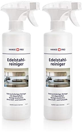 HANSE PRO Edelstahl-Reiniger, 2 x 500 ml I Gebrauchsfertig I mit praktischem Abperl-Effekt I Reinigt streifenfrei I ohne Duft- und Farbstoffe I ideal für Küche und Grill