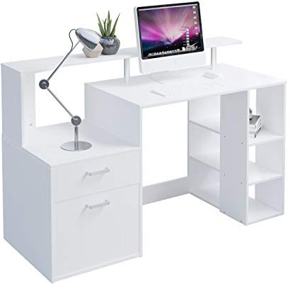140 x 55cm Wood Computer Desk with Drawers Shelves Storage, Modern Home Office Study Gaming Table PC Laptop Workstation, White