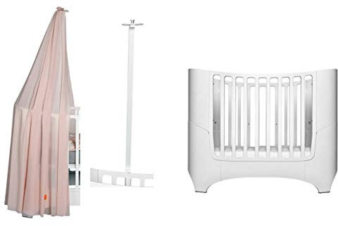 Leander Baby- und Kinderbett - weiß + Himmelgestell in weiß + Himmel in dusty rose