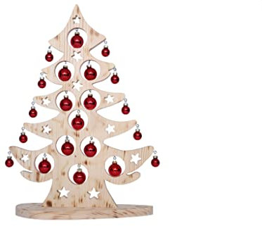 Salilio Tannenbaum Deko Holz Weihnachtsbaum - Im Set mit 21 roten Christbaumkugeln, 50cm hoch 40cm breit