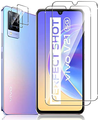 Vanrain pour VIVO V21 5G Verre Trempé, 2 Pièces Protection Écran + 2 Pièces Caméra Arrière Protecteur, 9H Dureté Anti Rayures Haute Définition Sans Bulles Protecteur D'écran