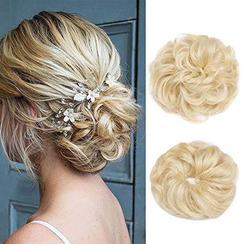 Gairyan Haarteil mit Gummiband Dutt Haarteil Haargummi mit Haaren Pferdeschwanz 40g Lockige Gewellt Messy Hair Scrunchies Kunsthaare Haarverlängerung Hair bun für Frauen(Gebleichtes Blond)