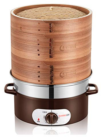 Samnuerly 28cm Natural bamboo Steam Pot 3 Layer Thicken Hot Pot Cooker Anti-dry Electric steamer Stainless steel base 1350W
