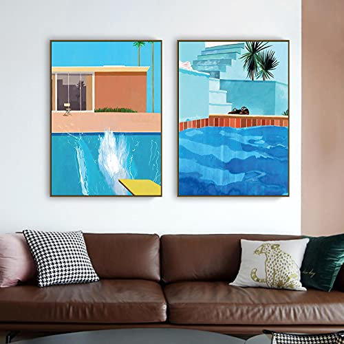 Yooyu David Hockney Leinwand Gemälde Bigger Splash Swimming Pool Poster und Drucke Wandkunst Bild für Wohnzimmer Wanddekoration 60x80cm(24x32in) x2 mit Rahmen