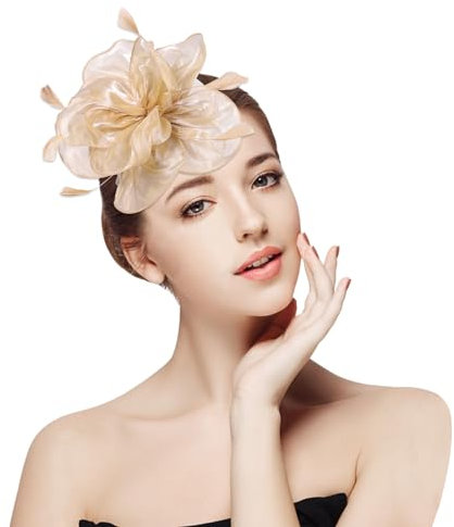 Qaziuy Fascinator Hat for Women, Flower Feather Mesh Veil with Clip and Hairband, Gold Party Headwear for Wedding, Cocktail, Tea Party