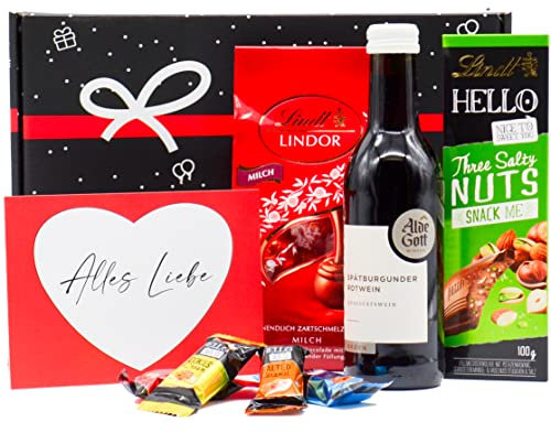 Geschenkset Wein & Schokolade | Präsentkorb gefüllt mit Rotwein, Lindt Pralinen, Schokolade & Grußkarte Geschenkkorb für Frauen & Männer zum Geburtstag, Dankeschön