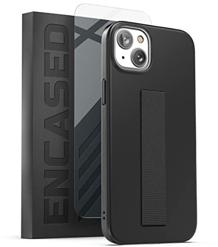 Encased Hand Strap Case Compatible with iPhone 14 PLUS with Finger Loop Grip and Tempered Glass Screen Protector (Black)
