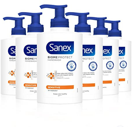 Sanex Expert Skin Health Sensitive Liquid Hand Wash 250ml x 6, Sensitive Hand Wash, SLS Free, Locks in Natural Moisture, Hand Wash to Protect Microbiome, Prebiotic and Postbiotic Complex