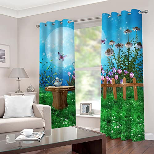 BOVZOX Fenster Vorhang Schlaufen-Vorhang 2 Stück x 117 B x 229cm H Gemalt & Blumen & Schmetterlinge Dekorative Gardine Schlaufenschal Fenster-Schal