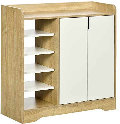 HOMCOM Mueble Zapatero Moderno Zapatero Estrecho con 2 Puertas Estantes de Almacenamiento para 13 Pares de Zapatos para Entrada Pasillo 80x30x80 cm Natural y Blanco