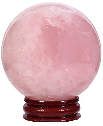 KYEYGWO Natural Rose Quartz Crystal Ball Gemstone Home Decoration Healing Stone Sphere with Wood Stand,55mm-60mm