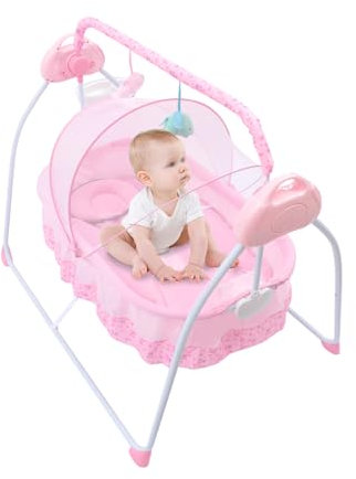 Fermoirper Elektrische Babybett,Automatik Babyschaukel 5 Gänge Einstellbar mit Spielzeugen & Zeitschaltfunktion 8-60 min (Ohne Batterie) bis 18kg Neugeborene (Rosa)