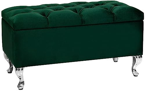 LORDLY Sitzbank mit Stauraum MODIANO 81x42cm – Velourstof, Sitztruhe, Aufbewahrungsbox, Polsterbank mit Samtbezug für Wohnzimmer, Schlafzimmer, Diele (Beine Chrom, Grün)