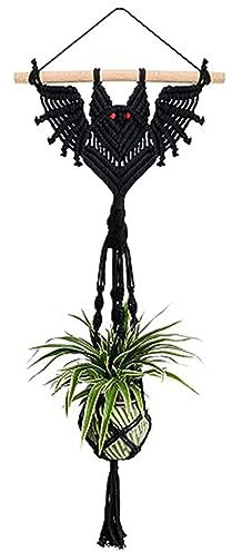 Gothic Bat Decor Plant Hanger Indoor, Hand Woven Hanging Macrame Plant Holder Halloween Bats Gothic Ornament Gifts for Plant Lovers-black long