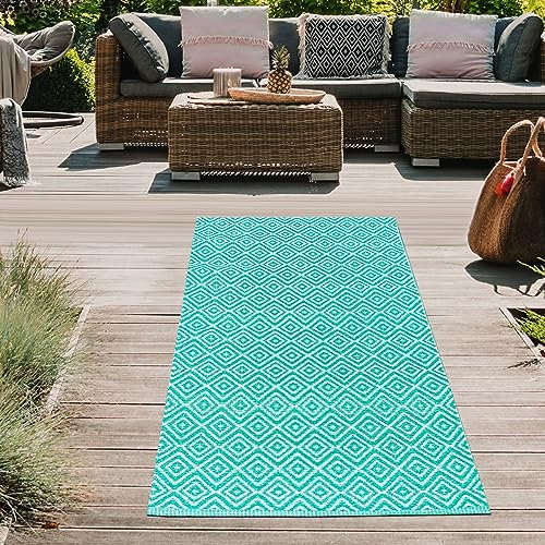Teppich-Traum Outdoor Teppich wetterfest Kunststoff recycelbar Picknick Camping Strand Terrasse Garten Balkon Läufer wendbar Polypropylen Rauten Petrol 90 x 150 cm