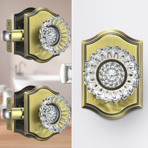 Calzibeno 3 Pack Crystal Door Knobs Interior with Lock, Antique Brass Glass Door Knobs Interior for Privacy Use, Crystal Glass Vintage Door Knob Set for Bedroom Bathroom