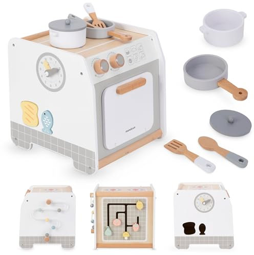 Mamabrum, Holzküche - Pädagogischer Würfel Holz Küche, Kochtopf, Topfdeckel, Bratpfanne, Wendespatel, Löffel, Brotscheibe spielküche Kinder puppenküche