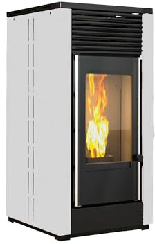 EIDER BIOMASA - Estufa de Pellets 12Kw – Bajo Consumo y de 18,5kg – Silenciosa con Doble Cámara y Cristal Limpio – Funcionamiento Automático – Hasta 240m3 -Cenicero triturado residuos