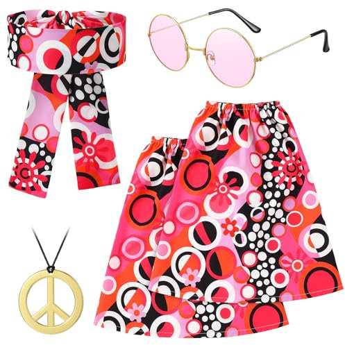 Hestya 4 Stück Hippie Kostüm Damen Set 60 70er Jahre Hippie Outfit Stirnband Beinstulpen Frieden Zeichen Halskette Sonnenbrille Accessoires für Karneval Mädchen Frauen (Rosa)