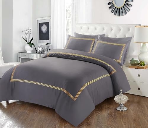 Tamor® Embroided Baratta Stitch Duvet Cover Set with Matching Pillowcases - Ultra-soft Brushed Microfibre – Chic & Modern Design – Easy Care & Machine Washable (Grey/Gold, Double)