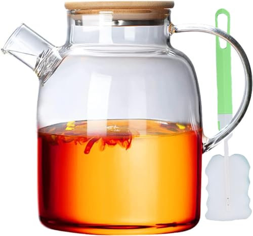 1,8L Teekanne Glas mit Holzdeckel,Teekanne mit Siebeinsatz,Hitzebeständige Hochborosilikat-Teekanne mit Herausnehmbarem Filter,Elegantes und Modernes Teekannendesign für Tee, Blumentee und Saft