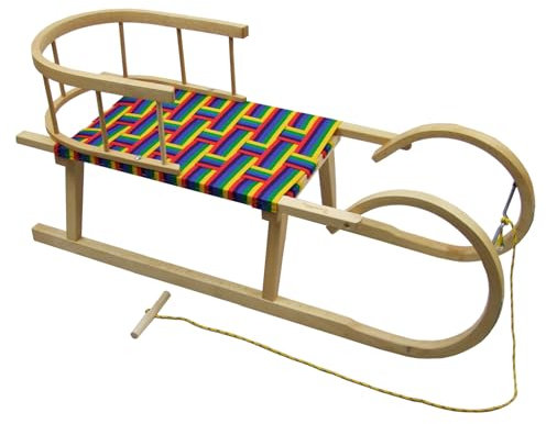 Hörnerschlitten Holzschlitten Kinderschlitten Schneeschlitten Rodelschlitten mit Rückenlehne und Zugseil 100cm Sitzfläche Kunstfasern Regenbogen