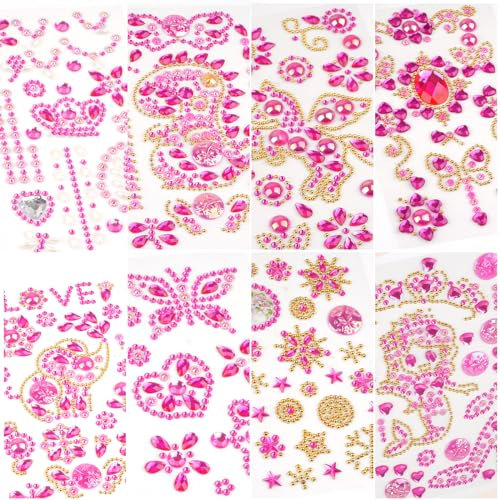 Glitzersteine Selbstklebend, 8 Blätter Strasssteine Selbstklebend, Acryl Bunt Sticker Glitzer, Einhorn Geschenke Mädchen Geschenke 5 6 7 8 9 Jahre für DIY Trinkflasche Baseballkappe (Rose)