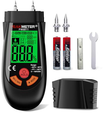 Misuratore di Umidità, Misuratore di Umidità con Batteria e Display LCD, Adatto per Determinare Rapidamente il Contenuto di Umidità di Legno Grezzo, Carta (Modello aggiornato)