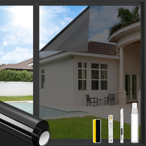 ConCus-T One Way Window Film UV Sun Blocker Heat Control Window Tint Privacy Reflective Static Cling Mirror Film Solar Film With Kit for Home Office, Black, 90x200cm